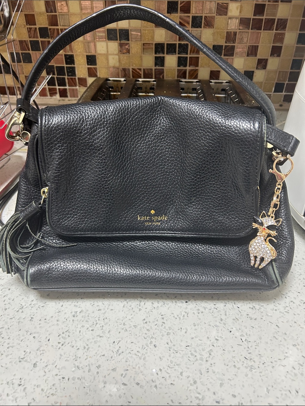 kate spade Black Pebbled Leather Shoulder Bag with Gold Charm